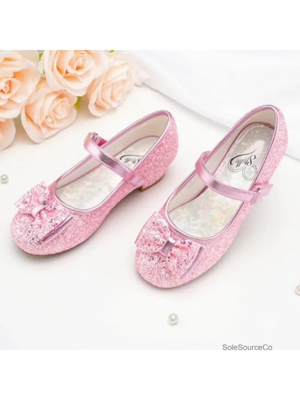 Girls Glitter Dress Shoes Low Heel Princess Party Wedding Prom